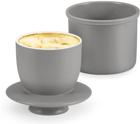 Flexzion Mantequera de porcelana – Plato francés con tapa, soporte sellado de agua dulce y suave para mesa, colección retro de café (gris)