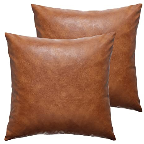 GEGELICA 66 x 66 cm Kunstleder-Kissenbezüge, Set mit 2 braunen, großen, dicken, soliden Bauernhaus-Kissenbezügen für Außenbereich, Wohnzimmer, Couch, Bett, Sofa, Schlafzimmer, Kissenbezüge Cognac