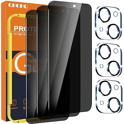 QHOHQ 3 Piezas Protector Pantalla Privacidad para iPhone 15 [6,1 Pulgada] con 3 Piezas Protector Camara, Cristal Templado Antiespia, Dureza 9H, HD, Anti Arañazos, Sin Burbujas