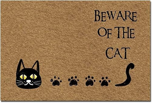 Funny Front Door Mat- Beware of The Cat Rubber Non Slip Backing Funny Doormat Non Slip Floor Mat for Home Bathroom Kitchen Entrance 30X18 Inch
