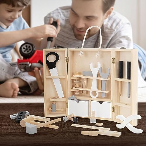 Joyz Caja de Herramientas para Niños a Partir de 1 Año Juguetes Educativos Montessori Multifuncional con 8 Unidades Maletín de Madera Transportable Almacenamiento Accesorios de Construcción