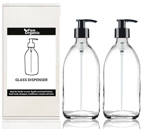 Fam Organic 300ml Clear Glass Bottle with Plastic Pump Refillable Soap Dispenser for Lotion, shampoo, conditioner, Body wash, Hand Wash. BPA Free - Eco Friendly (Clear 300ml - Black Pump - Pack of 2)