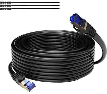 Mygatti 20 Metri CAT 7 Cavo Ethernet RJ45 per Esterno/Interno,10 Gigabit,resistente,impermeabile,interratura diretta,Cavo di rete LAN Cat7 per connessione Internet veloce-Nero,+15 fascette