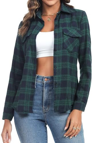 Aottori Damen Baumwolle Hemd Kariertes Karo-Hemd Langarm Button-down V-Ausschnitt Karohemd Bluse Tunika Tops Hemd T-Shirt Casual Freizeit Sommer Blusenshirt Schwarz-Grün XXL