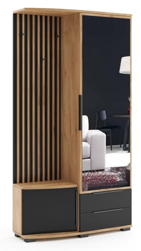BM-Möbel Garderobe Sorento Rechts - Mit Sitzgelegenheit, Kleiderständer und Spiegel - Loft-Stil - 100x35x190 cm - Korpus und Lamellen Craft Gold, Fronten Schwarz/Craft Gold