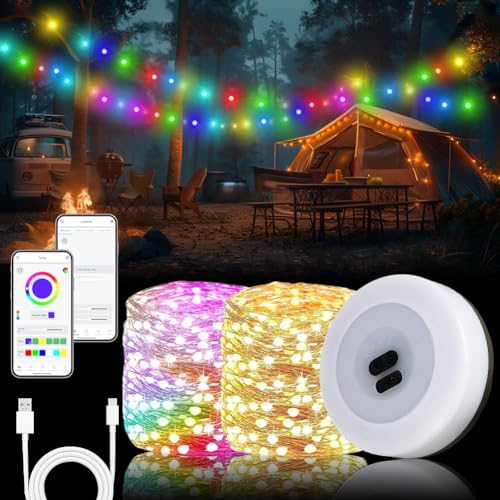 Camping Lichterkette RGB LED Strip - 7M LED Lichtband, Wasserdichte Tragbare Camping Lichterkette, APP-Helligkeitsanpassung Musiksynchrones Atemlicht Campinglampe für Abendessen, Camping