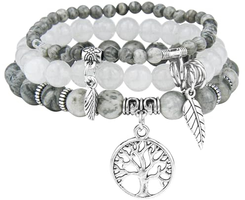 JUZICHEN 3 Stück Boho Armband Set Damen Frauen, Yoga Armband 17-24cm, Naturstein Armbänder Mit Lebensbaum Anhänger, Sommer Bunte Armbänder Für Damen Frauen (Farbe B)