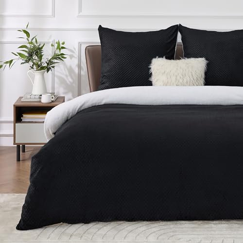 BEDSURE Flauschige Bettwäsche 155x220 Schwarz - Winter Bettbezug Fleece mit 80x80 cm Kissenbezug, Warme Bettwäsche-Sets mit Reißverschluss, Kuschel Waffelpique Winterbettwäsche für Doppelbett