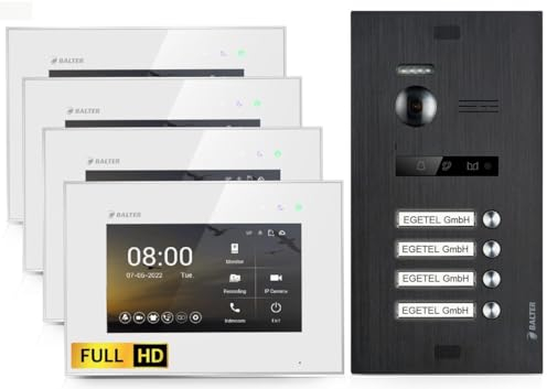 BALTER EVO HD Video Türsprechanlage Black für 4 Familienhaus Kit, 4x Monitor 7