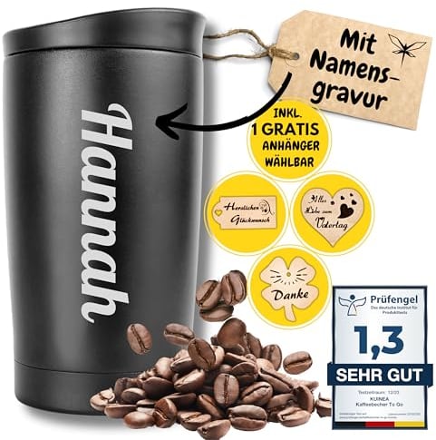 KUINEA Thermobecher personalisiert [100% auslaufsicher] Kaffeebecher To Go personalisiert 350ml, Kaffeebecher mit Gravur, Coffee To Go Becher personalisiert, kaffeebecher personalisiert schwarz