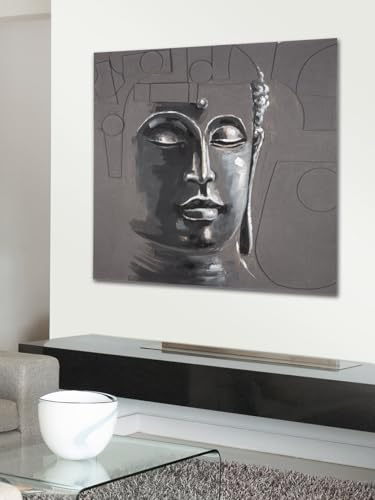 GILDE Deko großes Bild XL Wandbild Wohnzimmer groß - Leinwandbild Buddhamotiv - quadratisches Buddha Bild auf Lein Wand 3D Optik - grau 100 x 100 cm