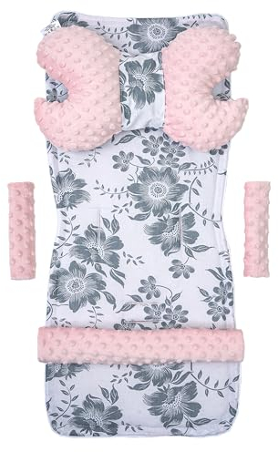 Medi Partners Sitzauflage Kinderwagen Buggy Baby Sommer Kindersitz Einlage Universal - 5tgl Gurtpolster + Spielbogen Kinderwagenset Babyschale (Berry mit rosa Minky)