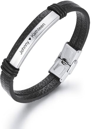 MeMeDIY Personalisiert Leder Armband für Männer Eingraviertes Inspirierendes Zitat Name Datum ID-Armband | Verstellbares Lederarmband | Geschenk für Freund/Ehemann/Vater/Sohn -Schwarz#04