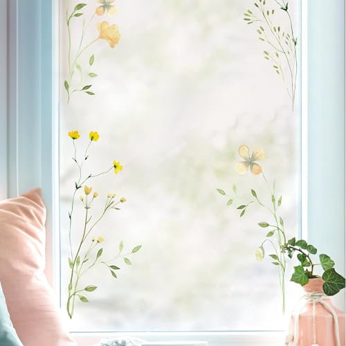Wandtattoo Loft Fensterbild gelbes Wildgras Gräser Zweig Rahmen wiederverwendbar Fensteraufkleber Fensterdekoration Frühling, 2 Stück A4 Bogen