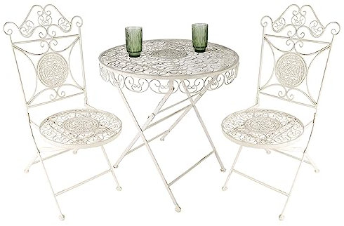 Dibor Garden Furniture Table And Chairs Vintage Style Bistro Set Ivory White Finish Outdoor Furniture Set - Foldaway 3pc Patio Set of Heavy Duty Sturdy Bistro Table and Patio Chairs