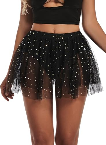 Damen Glitzer Sterne Pailletten Tüllrock - Sexy Rave Festival Outfit Mesh Mini Rock Mit Tanga Shorts Disco Party Scrunch Leggings Karneval Clubwear Hawaii Tüll Tütü (Black,XL,1143w)