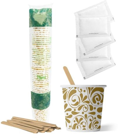 Perla, Kit 50 Bicchierini Caffè 75 ml in Carta, 50 Palettine in Legno, 50 Bustine di Zucchero, Bicchieri Caffè e Palettine Monouso, Bicchierini di Carta Usa e Getta