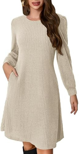 Ritiriko Pullover Kleid für Damen 2025 Trendy Crew Neck Damen lässig Herbst Langarm Kleid mit Taschen Aprikosen XL