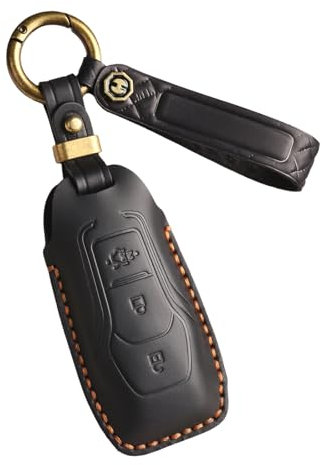 ontto Autoschlüsselhülle Cover Schlüsselanhänger Passt für Ford Focus 3 4 ST Mondeo MK5 Mustang F-150 Explorer Edge Kuga Schutzhülle Schlüsselbox Schlüsseletui Echtleder Schlüsselhülle 3 Taste-Schwarz