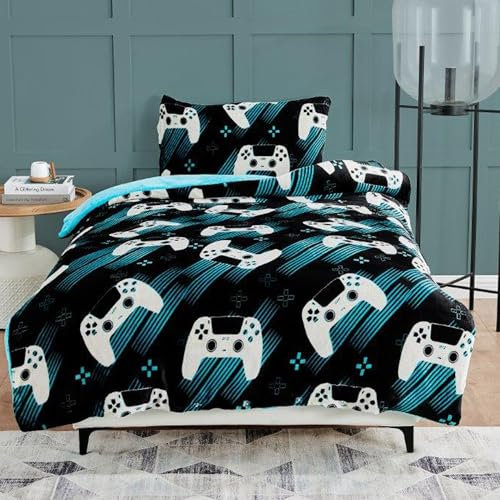 Lions Gaming Bedding Double - Teddy Bear Fleece Duvet Cover Set with Pillowcase, Soft Reversible Thermal Warm Cosy Printed Quilt Covers for Boys Teenagers, Kids Bed Sets