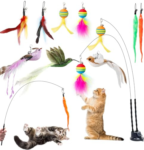 AiQInu 12 Stück Katzenspielzeug Interaktive, Katzen Katzenangel mit 2 Saugnäpfen, Glöckchen Vögeln Feder Raupe Katzen Spielzeug, Intelligenz Spielzeug für Katzen Zauberstab
