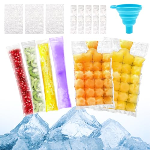 KASURE 110 Pcs Ice Cube Bags, Include 60 Pcs Ice Cube Bags and 50 Pcs Ice Pop Bags, Self-Seal Ice Cube Bags, Food Grade PE Ice Cube Moulds for Whiskey, Coffee, Baby Food, Come with Funnels