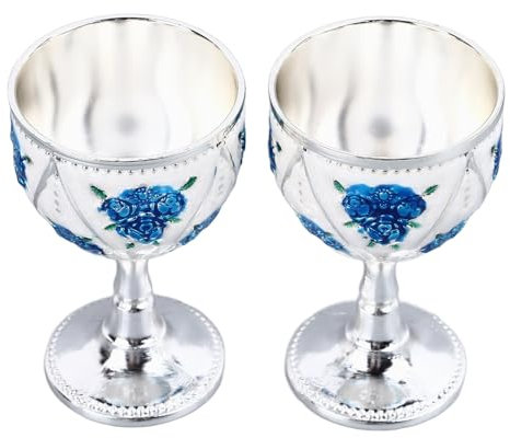 Fdit Vintage Metal Embossed Wine Cup Set of 2 Engraved Wine Chalice with Intricate Craftsmanship for Home Bar Wedding Decor (Silver White Blue Flower)
