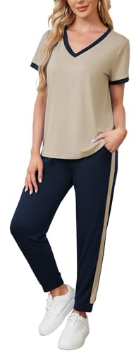 Famulily V Neck Womens Tracksuit Sets Short Sleeve Top & Stripe Jogger Pants Summer 2 Piece Outfits with Pockets S-XXL