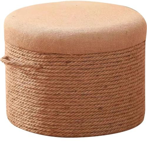 Tabouret en Corde De Chanvre Naturel Tressée, Pouf Rond avec Poignée, pour L'extérieur, Le Jardin, Structure en Bois Massif, Tissu en Lin(40 * 30cm)