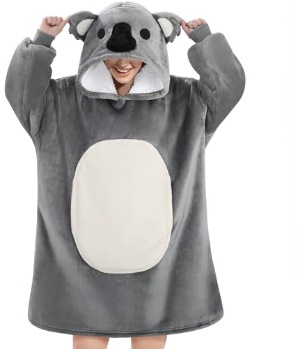 Queenshin Hoodie Decke Oversize Grau Koala Tierkörperdecke mit Ärmeln Kuscheldecke Deckenpullover für Damen Herren, Tragbare Erwachsene Sweatshirt Sherpa Warm und Weich