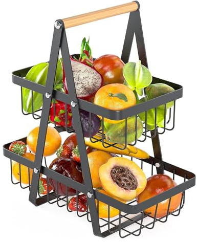 Obstkorb Etagere, Obst Aufbewahrung, 2 Stöckig Obstetagere, Abnehmbare Obst Etagere, Gemüsekorb, Weiß Metall Fruits Basket, mit Holzgriff, für Obst Brot Snacks Korb Gemüse Aufbewahrung (Schwarz)