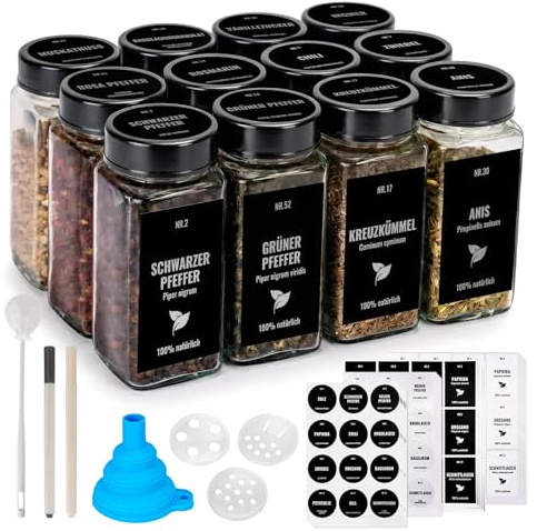 Boic 12 Pcs Pot A Epices En Verre, 120ml Bocaux À Épices, Boite À Épices | Avec Étiquettes Allemandes Et Étiquettes Vierges, Boite À Épices Avec Entonnoir, Brosse, Stylo Pour Cuisine Rangement, Noir