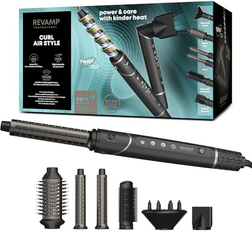 REVAMP Curl Air Style 7 in 1 Ionic Hot Air Styler - Hair Dryer Brush | Digital Brushless Motor, 6 Attachments, Curl Wrap Barrels, Paddle Brush, Concentrator, Diffuser, Bag