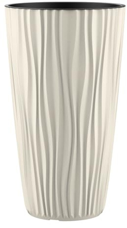 Engelland Pflanzkübel mit Einsatz, Blumentopf mit Wasserspeicher & 3D Struktur, hoch & rund, modern & frostfest, robust & langlebig, für Innen & Außen, Kunststoff, Ø 28 x H 49 cm, Beige