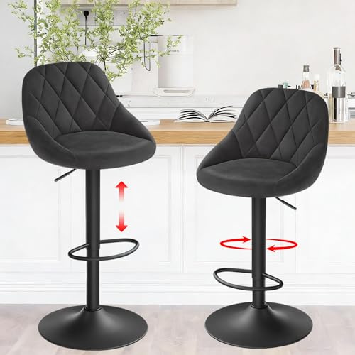 JMGJOY Tabouret de Bar Lot de 2 en Velours Chaise Haute Bar Cuisine pivotant à 360° Réglable en Hauteur Confortable avec Dossier et Repose-Pieds Max.136 kg pour Cuisine Salon Salle à Manger, Noir
