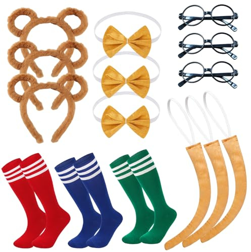10 Pcs Mouse Costume Set for Adults & kids, 3 Mouse Headbands 3 Glasses, Red Hat, 3 Pairs of Socks (Green/Red/Blue) –Animal Cosplay, Halloween Costume, World Book Day Outfit Dress Up (Style 2)