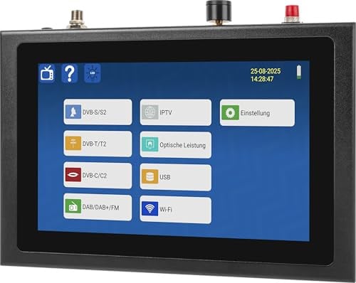 Megasat HD 7 Combo V2 – Combo-Messgerät mit Live-TV-Bild – Schwarz | Für DVB-S, DVB-S2, DVB-T, DVB-T2, DVB-C, DAB+, Unicable, 8,9″ Farbdisplay, Touchdisplay, Akku, Lampe
