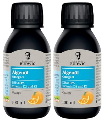 Dr. Budwig Premium Omega 3 Algenöl Vegan Orange (2x 100ml) | Hochdosiert - 2300mg natürliches DHA, DPA & EPA - Vitamin D3 und K2 - flüssig - laborgeprüft - Alternative Fischöl