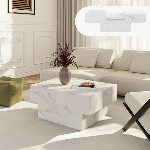 [en.casa] Couchtisch mit Stauraum Lens Wohnzimmertisch ausziehbar Tischplatte 80 x 60 x 36 cm Stubentisch eckig Beistelltisch modern Sofatisch Marmoroptik, weiß