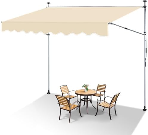 Ikodm Klemmmarkise 250cm Breit mit Handkurbel, Balkonmarkise ohne Bohren, Markise mit Verlängerten Einziehbaren Seitenstangen, UV-beständig höhenverstellbar Sonnenschutz, Beige