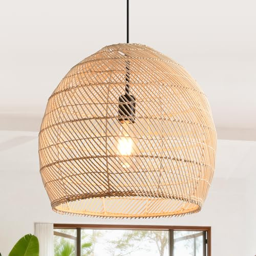 Parrot Uncle Rattan-Pendelleuchte, natürlicher Rattanschirm, Eisengestell, höhenverstellbar, E27-Fassung, 40 cm, für Esszimmer Flur (Ohne Leuchtmittel) [Energieklasse A]