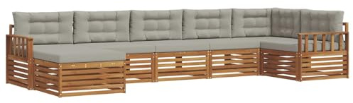 vidaXL Sofagarnituren 7 pcs Natürlich und Hellgrau Massivholz Akazie, Gartenlounge, langlebiges Ecksofa, Sitzmöbel für außen, Terrasse, Moderne Möbel, Bequeme Gartenmöbel