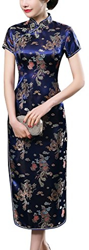 Laogudai Robe Asiatique Traditionnelle Femme Longue Robe Chinoise Qipao Motif Dragon et Phénix Col Montant Cheongsam Qipao à Manche Courte pour Soirée Cérémone Cocktail 42 Bleu foncé