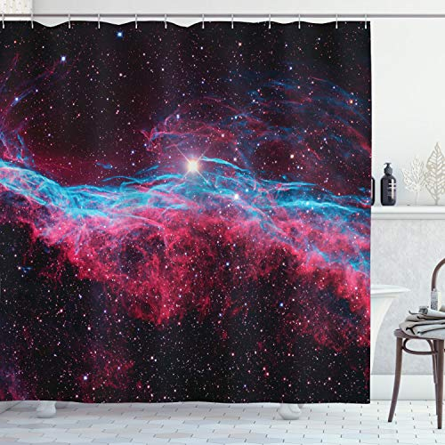 ABAKUHAUS Weltraum Duschvorhang, Weltraum spielt Galaxy, Stoffliches Gewebe Badezimmerdekorationsset mit Haken, 175 x 200 cm, Magenta und Schwarz