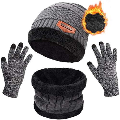 Petrunup Beanie Hut Schal Handschuhe Strick für Herren Damen Fleece Mütze + Halswärmer + Handschuhe Touchscreen Winter Grau