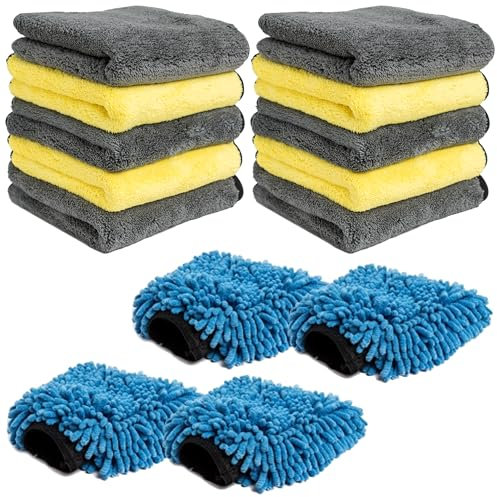 Pro-Kleen Microfibre Cloth 1000GSM 40 X 40cm Cleaning Towel For Car Or Home, 10 Thick Commercial Grade Cloths And 4 Vehicle Washing Mitts (14 Items Supplied)