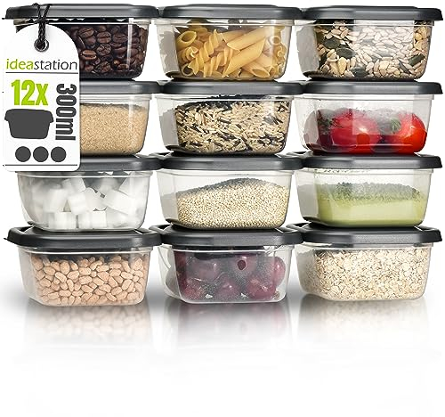 idea-station Vorratsdosen mit Deckel 12 x 300 ml - anthrazit - stapelbares Frischhaltedosen Set - perfekt als Snackbox für Kinder oder Gefrierdosen einsetzbar