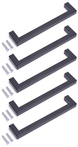 BSM Marketing 5 Pack Kitchen Door Handles 192mm Hole Centre Flat Black Cabinet Handles Stainless Steel Square Cupboard T Bar Handle (Screws Included)