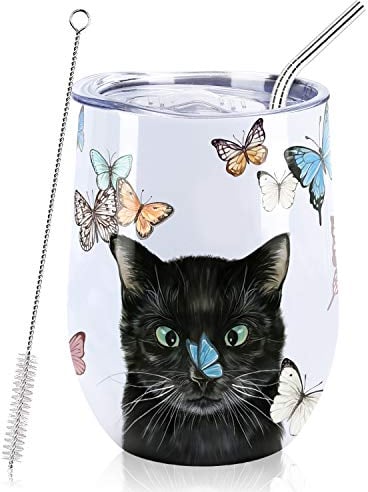 NymphFable 12oz Cat Cup Wine Tumbler with Lid and Straw Travel Mug Gifts for Women Stainless Steel Insulated Double Wall