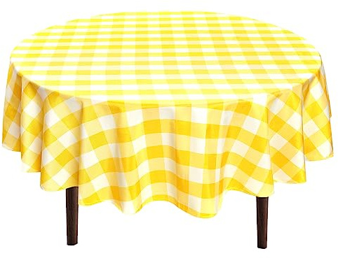 Hiasan Karierte runde Tischdecke, 228,6 cm, wasserdicht und knitterarm, waschbar, Stoff, kariert, Tischdecke für Esszimmer/Party/Picknick, Gelb und Weiß